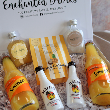 gift set with malibu, pineapple syrup, coconut syrup and pina colada sweets