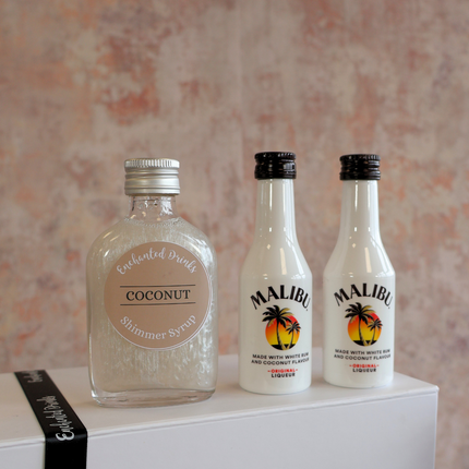 coconut shimmer syrup for drinks and malibu gift set